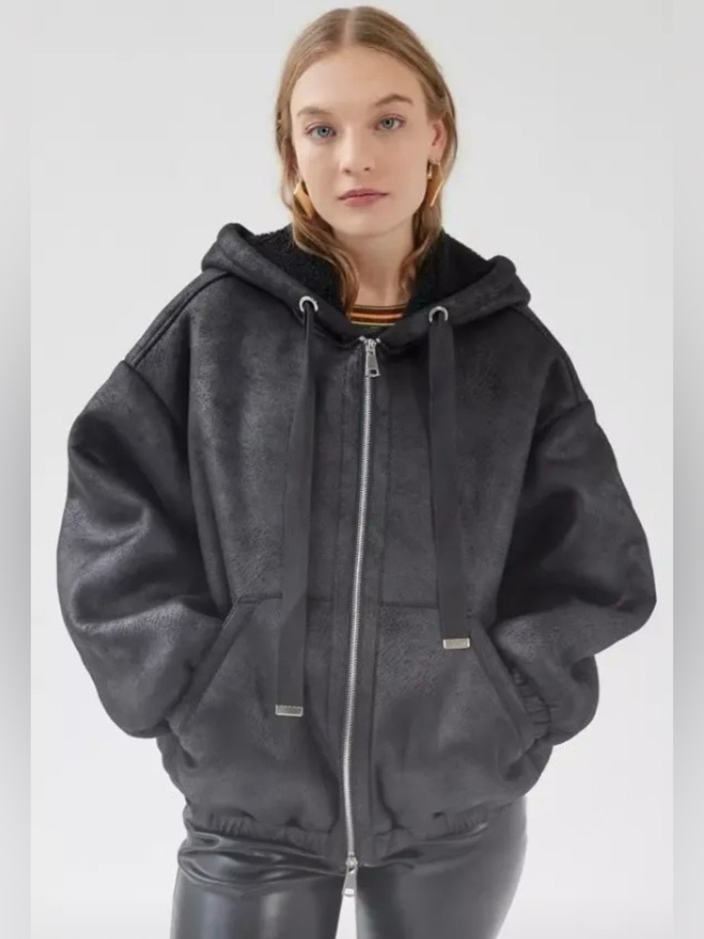 Urban Outfitters Casey Faux Suede Black Oversized Hooded Teddy Zip-up Jacket